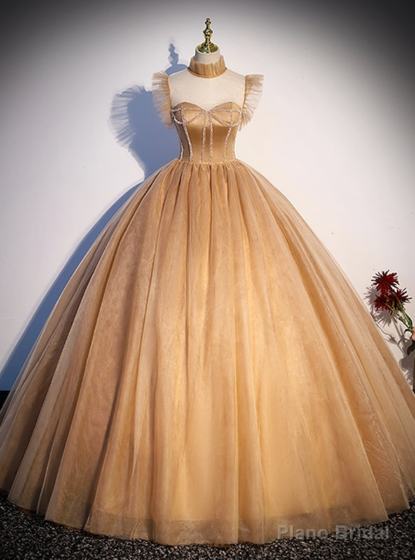Yellow Tulle Beading See Through Neck Quinceanera Dress Main image