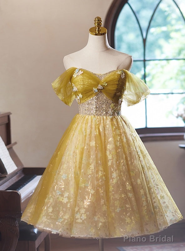 Yellow Tulle Flower Off the Shoulder Homecoming Dress Main image