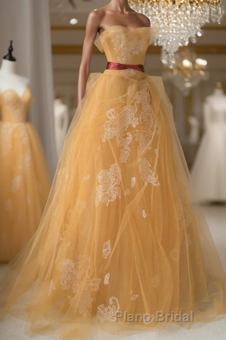 Yellow tulle lace long Formal Prom dress, yellow tulle formal dress Main image