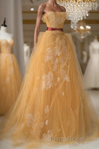 Yellow tulle lace long Formal Prom dress, yellow tulle formal dress