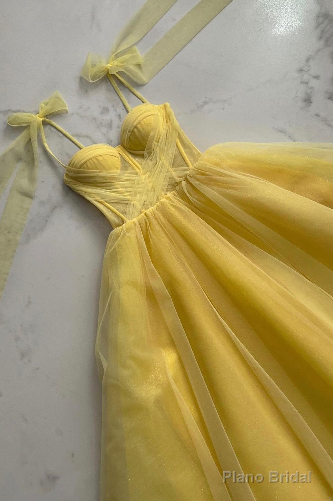 Yellow Tulle Long A-Line Evening Dress, Cute Spaghetti Strap Prom Dress Main image