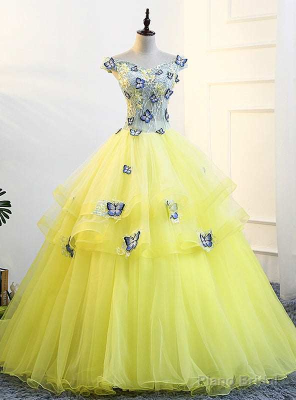 Yellow Tulle Off The Shoulder Butterfly Appliques Quinceanera Dresses Main image