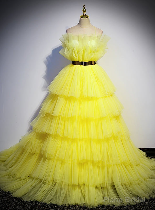 Yellow Tulle Pleats Spaghetti Straps Prom Dress Main image