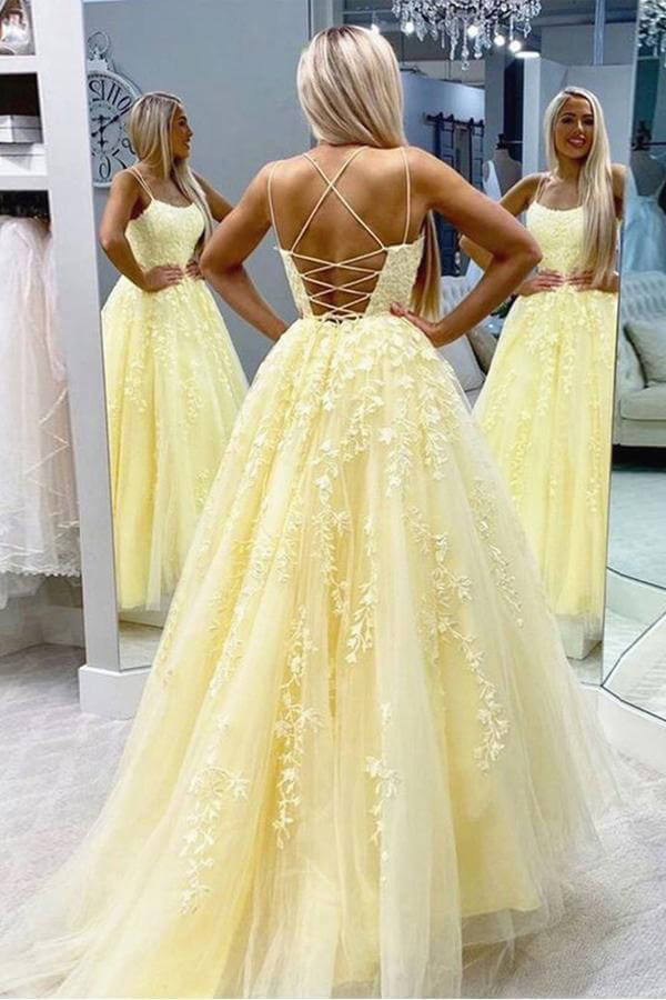 Yellow Tulle Spaghetti Straps Scoop A-Line Formal Prom Dresses With Appliques Secondary image