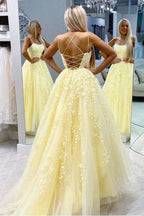 Yellow Tulle Spaghetti Straps Scoop A-Line Formal Prom Dresses With Appliques