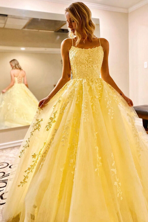 Yellow Tulle Spaghetti Straps Scoop A-Line Formal Prom Dresses With Appliques