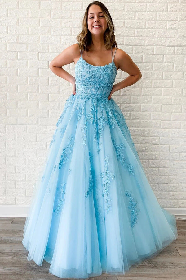 Yellow Tulle Spaghetti Straps Scoop A-Line Formal Prom Dresses With Appliques