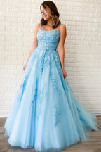 Yellow Tulle Spaghetti Straps Scoop A-Line Formal Prom Dresses With Appliques