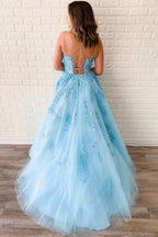 Yellow Tulle Spaghetti Straps Scoop A-Line Formal Prom Dresses With Appliques