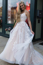 Yellow Tulle Spaghetti Straps Scoop A-Line Formal Prom Dresses With Appliques