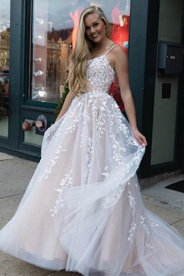 Yellow Tulle Spaghetti Straps Scoop A-Line Formal Prom Dresses With Appliques