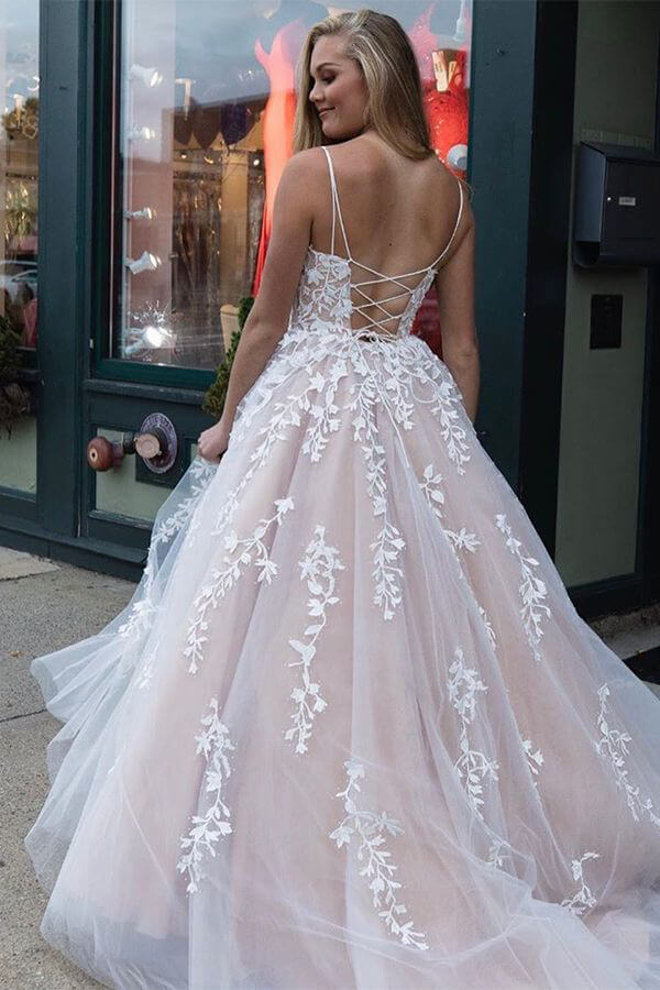 Yellow Tulle Spaghetti Straps Scoop A-Line Formal Prom Dresses With Appliques