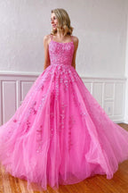 Yellow Tulle Spaghetti Straps Scoop A-Line Formal Prom Dresses With Appliques