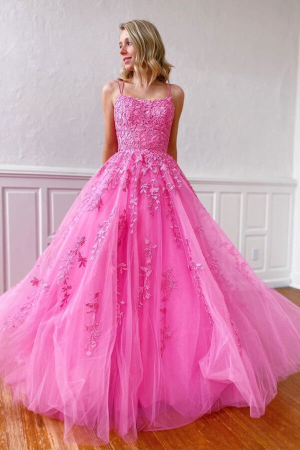 Yellow Tulle Spaghetti Straps Scoop A-Line Formal Prom Dresses With Appliques