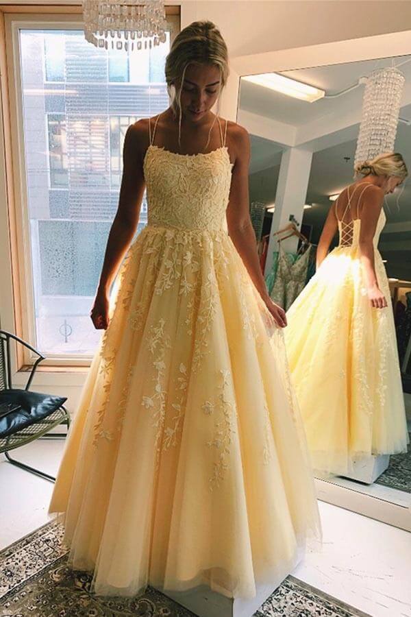 Yellow Tulle Spaghetti Straps Scoop A-Line Formal Prom Dresses With Appliques Main image