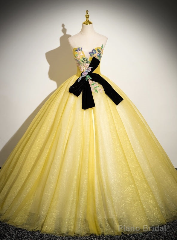 Yellow Tulle Strapless Appliques Quinceanera Dress Main image