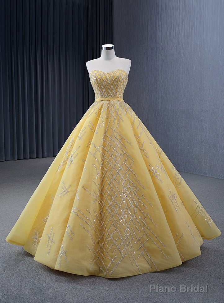 Yellow Tulle Strapless Sequins Beading Prom Dress