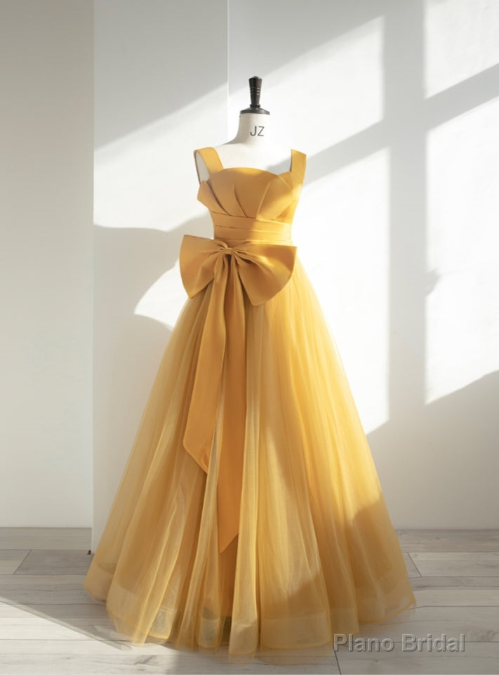 Yellow Tulle Straps Bow Pleats Prom Dress Main image