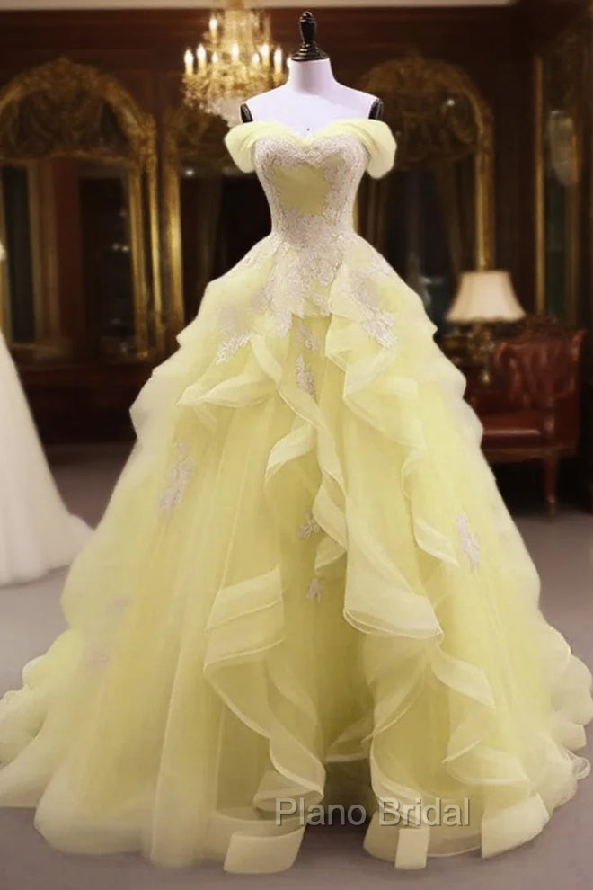 Yellow Tulle With Lace Sweetheart Long Formal Dresses, Yellow Tulle Formal Prom Dresses Main image