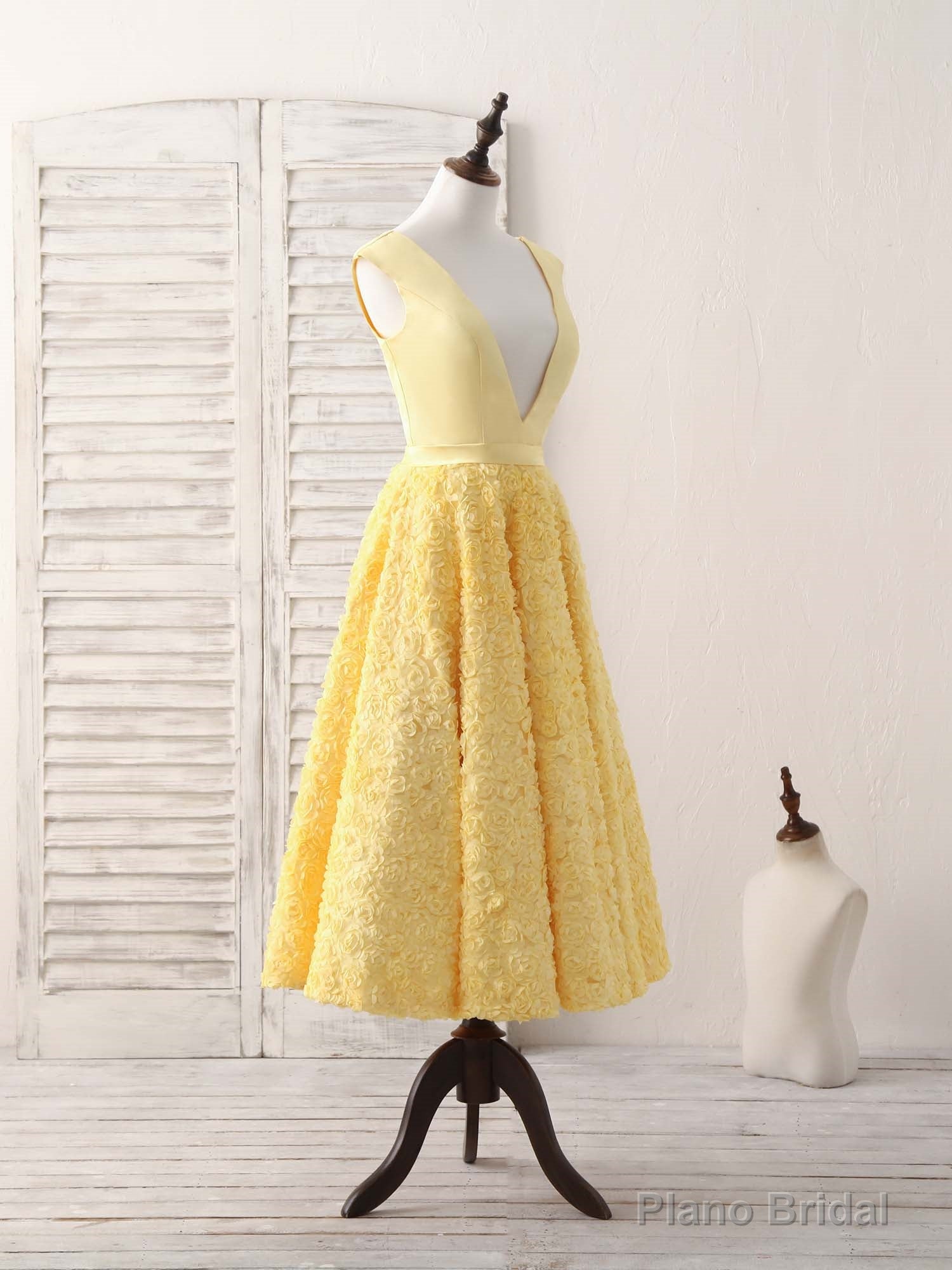 Yellow V Neck 3D Lace Tea Long Prom Dress, Yellow Evening Dress Secondary image