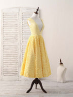 Yellow V Neck 3D Lace Tea Long Prom Dress, Yellow Evening Dress