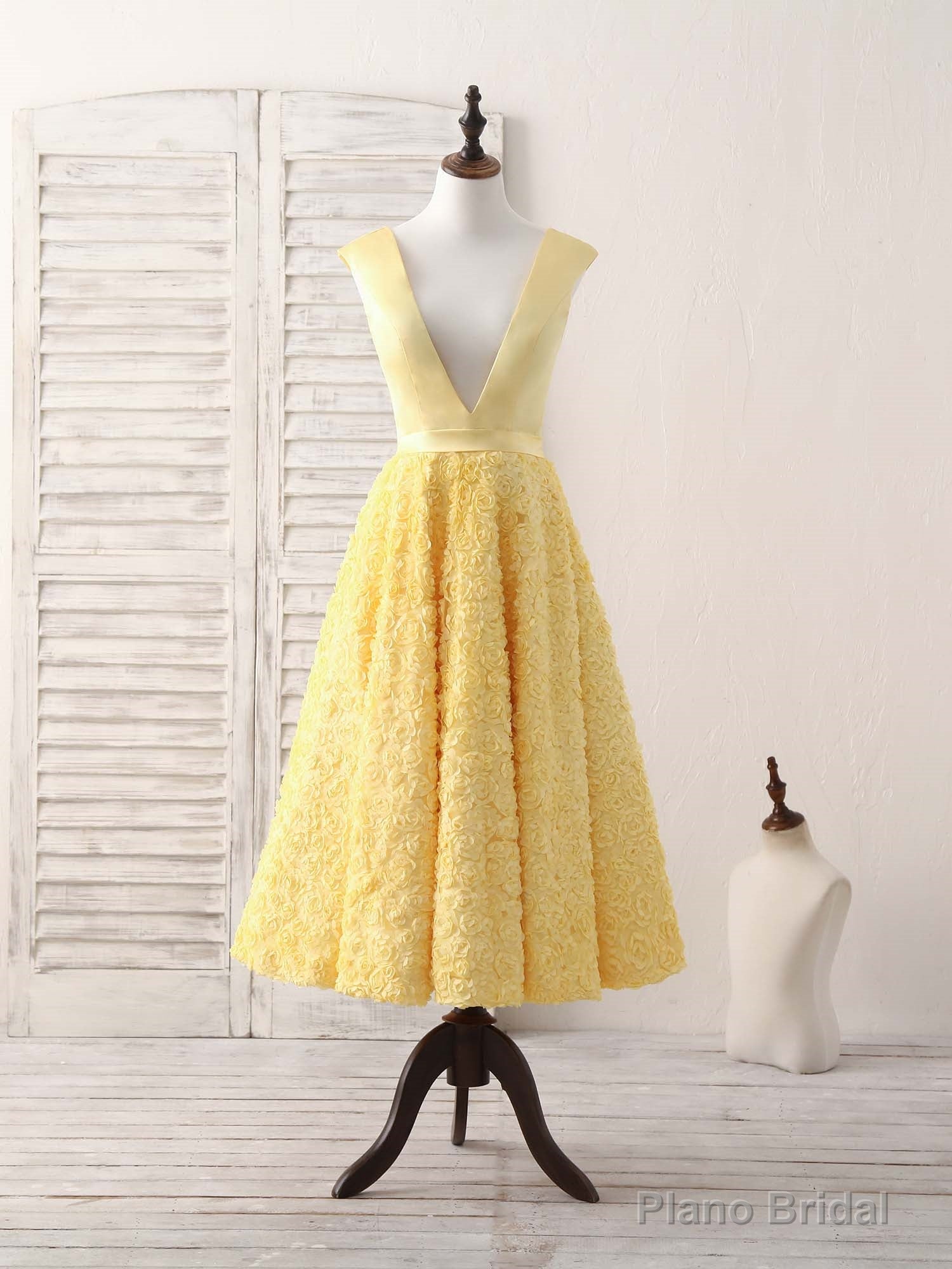 Yellow V Neck 3D Lace Tea Long Prom Dress, Yellow Evening Dress