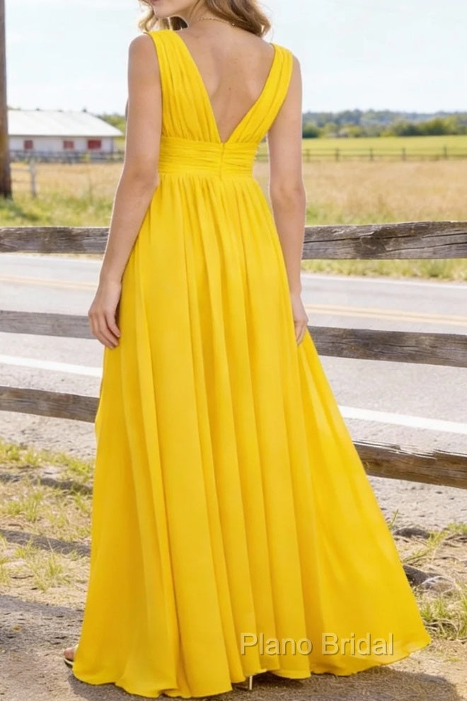 Yellow V Neck Chiffon Floor Length Bridesmaid Dresses Long Bridesmaid Dress With Pleated Split