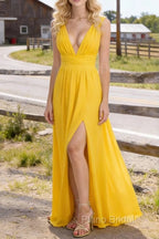 Yellow V Neck Chiffon Floor Length Bridesmaid Dresses Long Bridesmaid Dress With Pleated Split
