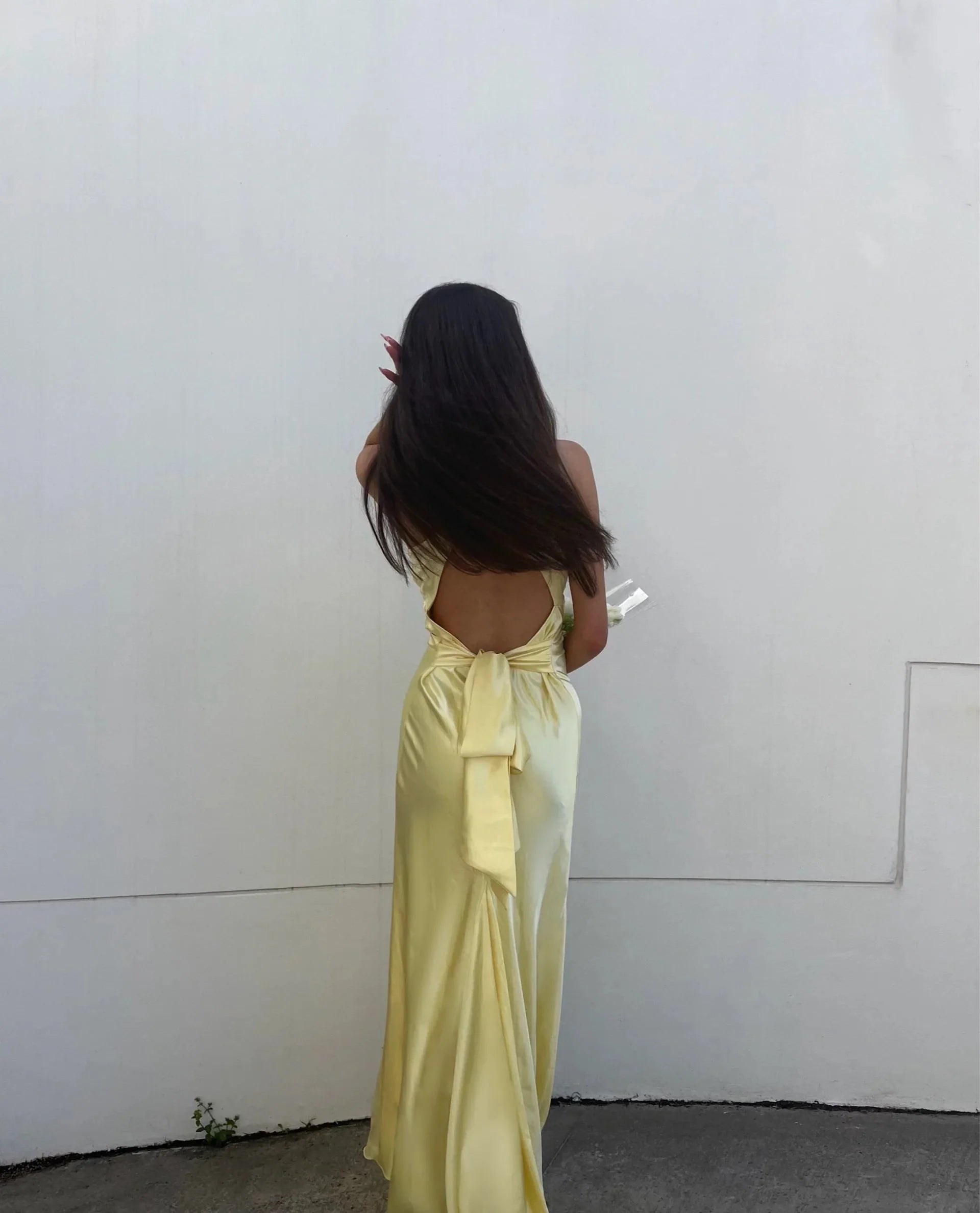 Yellow V-Neck Backless Fashion Elegant Long Satin Ball Gown Evening Dress Wedding Guest Party Dress