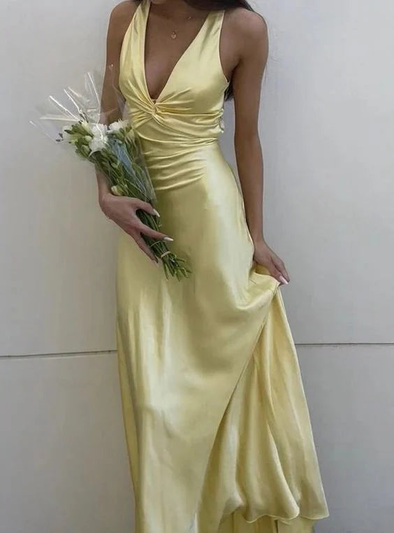 Yellow V-Neck Backless Fashion Elegant Long Satin Ball Gown Evening Dress Wedding Guest Party Dress