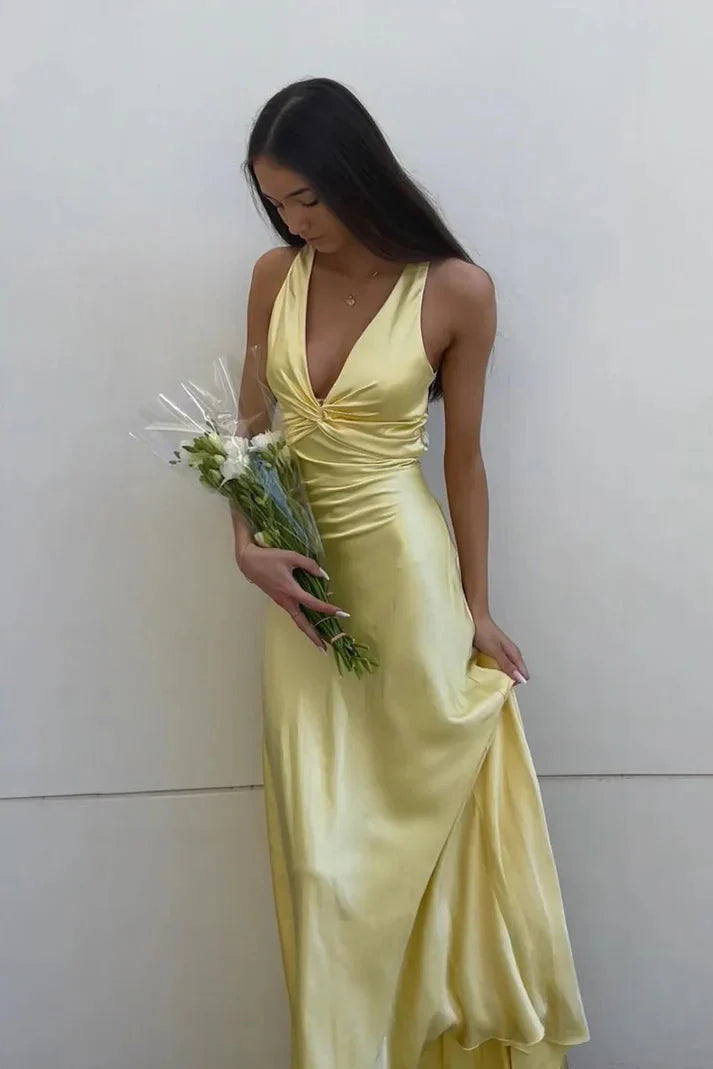 Yellow V-Neck Backless Fashion Elegant Long Satin Ball Gown Evening Dress Wedding Guest Party Dress