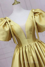 Yellow V-Neck Satin Long Formal Prom Dresses, A-Line Puff Sleeves Formal Party Dresses
