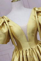 Yellow V-Neck Satin Long Formal Prom Dresses, A-Line Puff Sleeves Formal Party Dresses