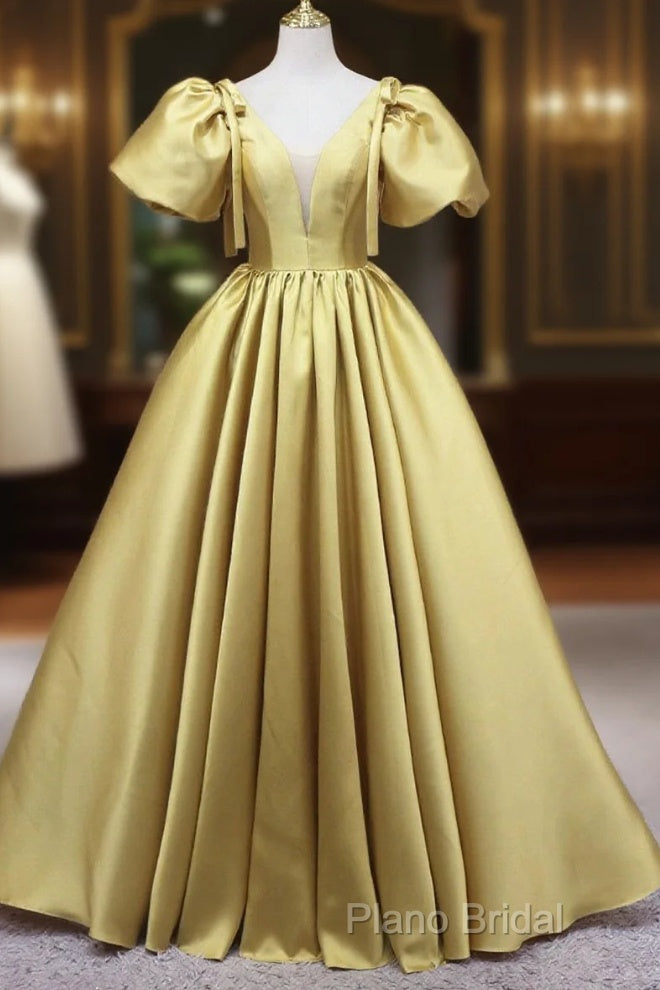 Yellow V-Neck Satin Long Formal Prom Dresses, A-Line Puff Sleeves Formal Party Dresses