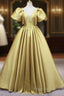 Yellow V-Neck Satin Long Formal Prom Dresses, A-Line Puff Sleeves Formal Party Dresses