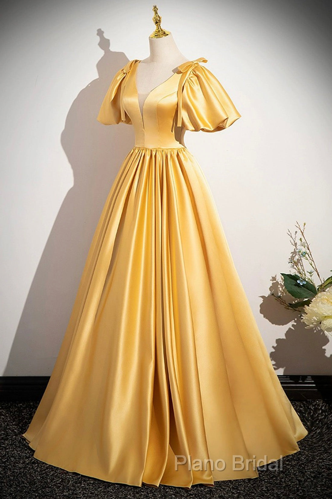 Yellow V-Neck Satin Long Formal Prom Dresses, Yellow A-Line Short Sleeve Formal Dresses Secondary image