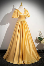 Yellow V-Neck Satin Long Formal Prom Dresses, Yellow A-Line Short Sleeve Formal Dresses