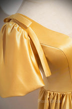 Yellow V-Neck Satin Long Formal Prom Dresses, Yellow A-Line Short Sleeve Formal Dresses