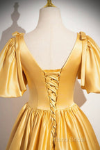Yellow V-Neck Satin Long Formal Prom Dresses, Yellow A-Line Short Sleeve Formal Dresses