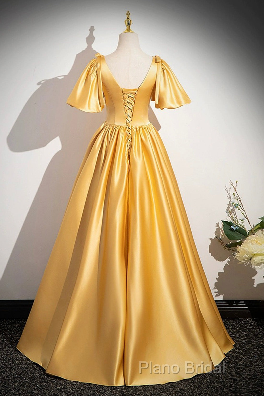 Yellow V-Neck Satin Long Formal Prom Dresses, Yellow A-Line Short Sleeve Formal Dresses