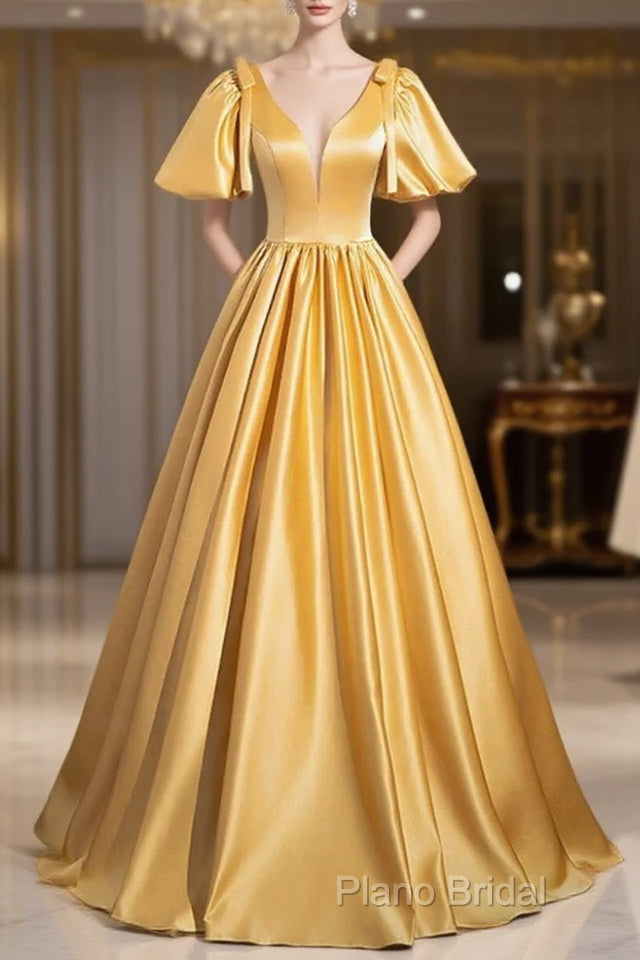 Yellow V-Neck Satin Long Formal Prom Dresses, Yellow A-Line Short Sleeve Formal Dresses Main image