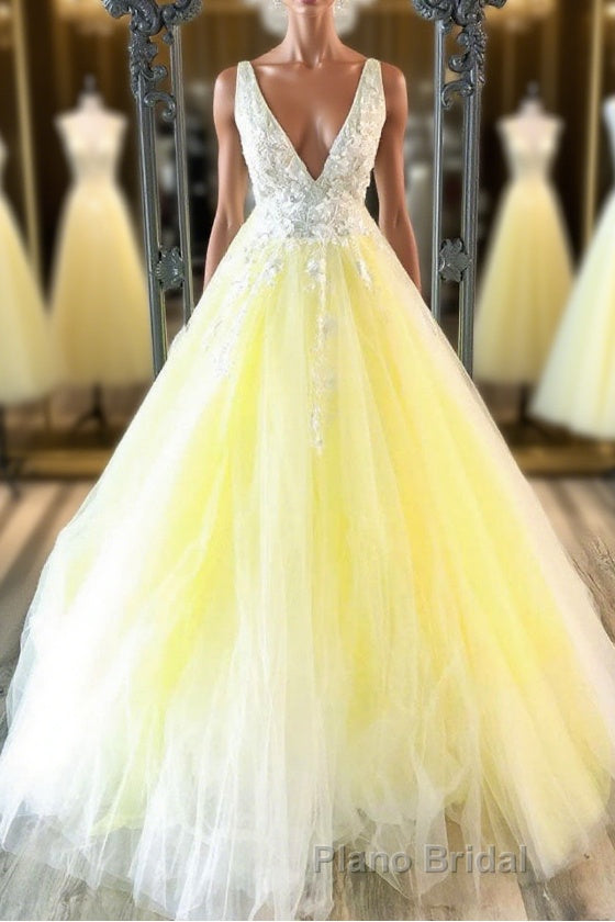 Yellow v neck tulle lace long Formal Prom dress yellow formal dress Main image
