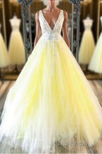 Yellow v neck tulle lace long Formal Prom dress yellow formal dress