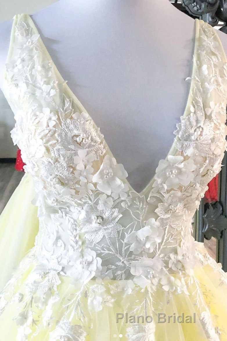 Yellow v neck tulle lace long Formal Prom dress yellow formal dress