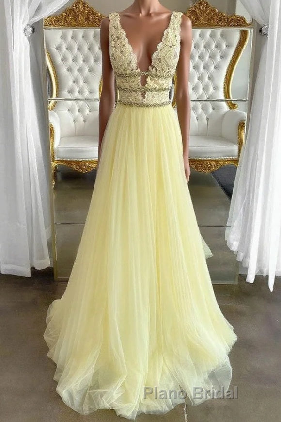 Yellow v neck tulle lace long Formal Prom dress, yellow tulle lace evening dress Main image