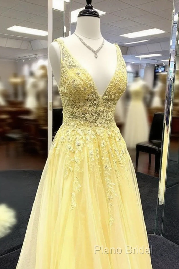 Yellow V Neck Tulle Lace Formal Prom Dresses Formal Dresses Main image