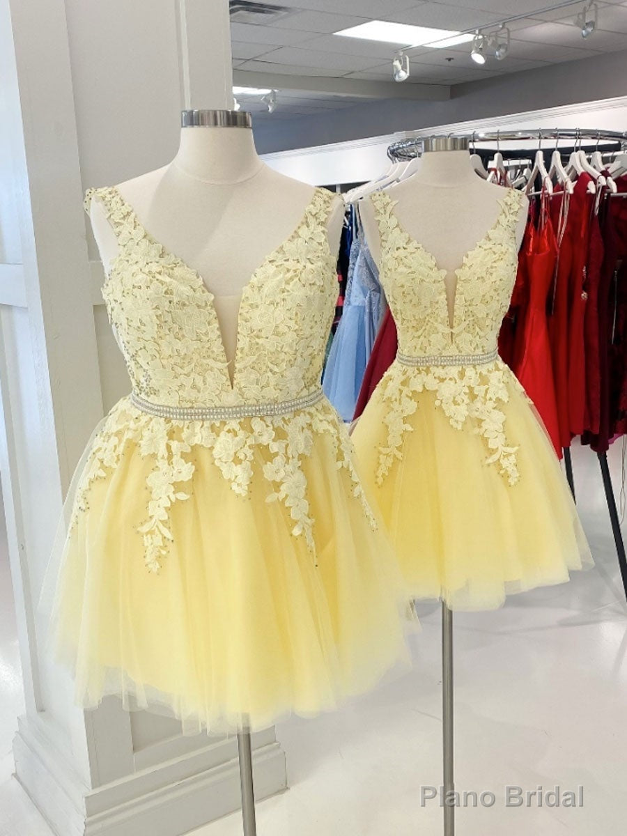 Yellow v neck tulle lace short prom dress, yellow homecoming dress Main image
