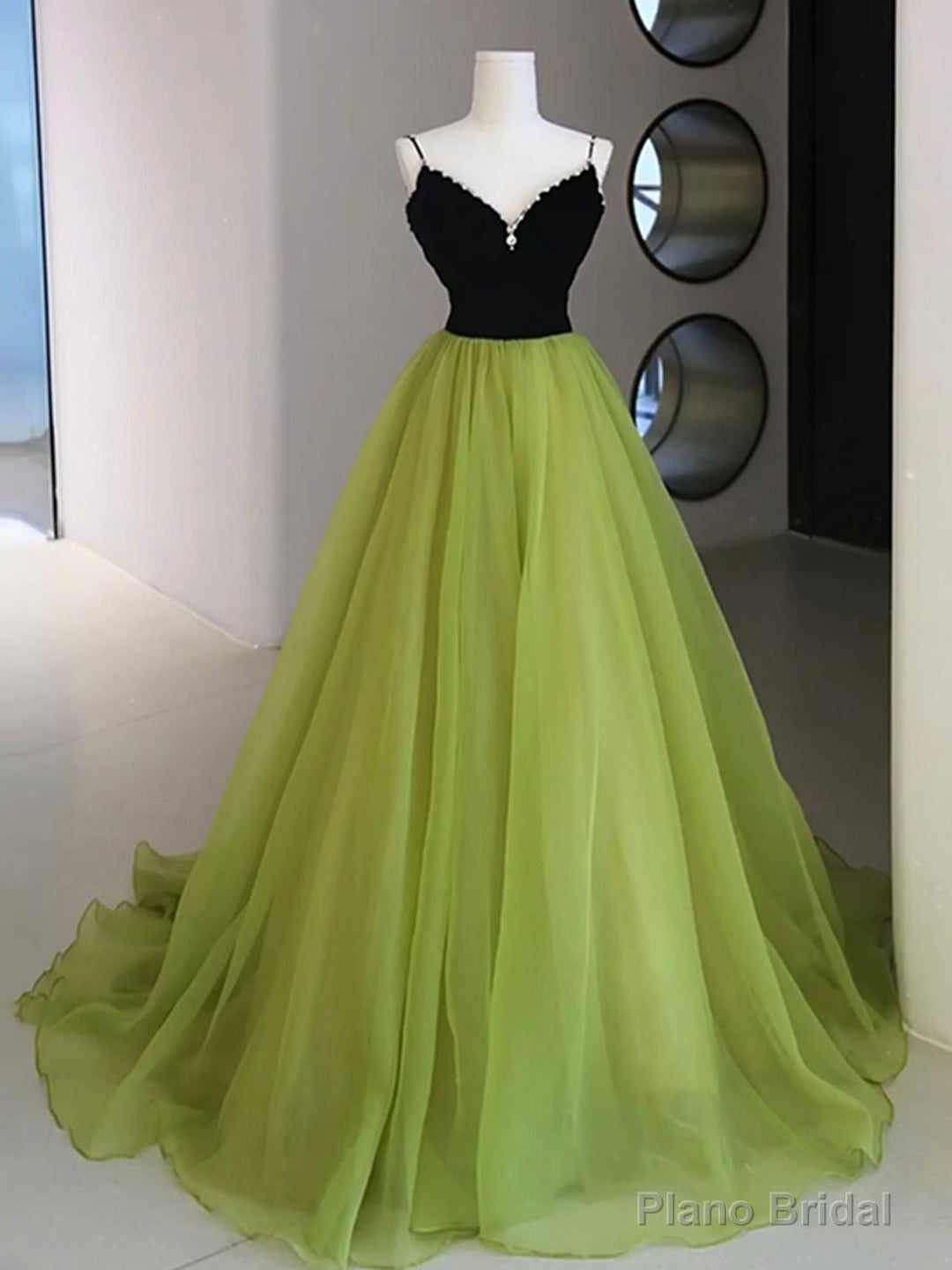 Black Velvet and Green Tulle Long Prom Dress, Green V-Neck Evening Dress Main image