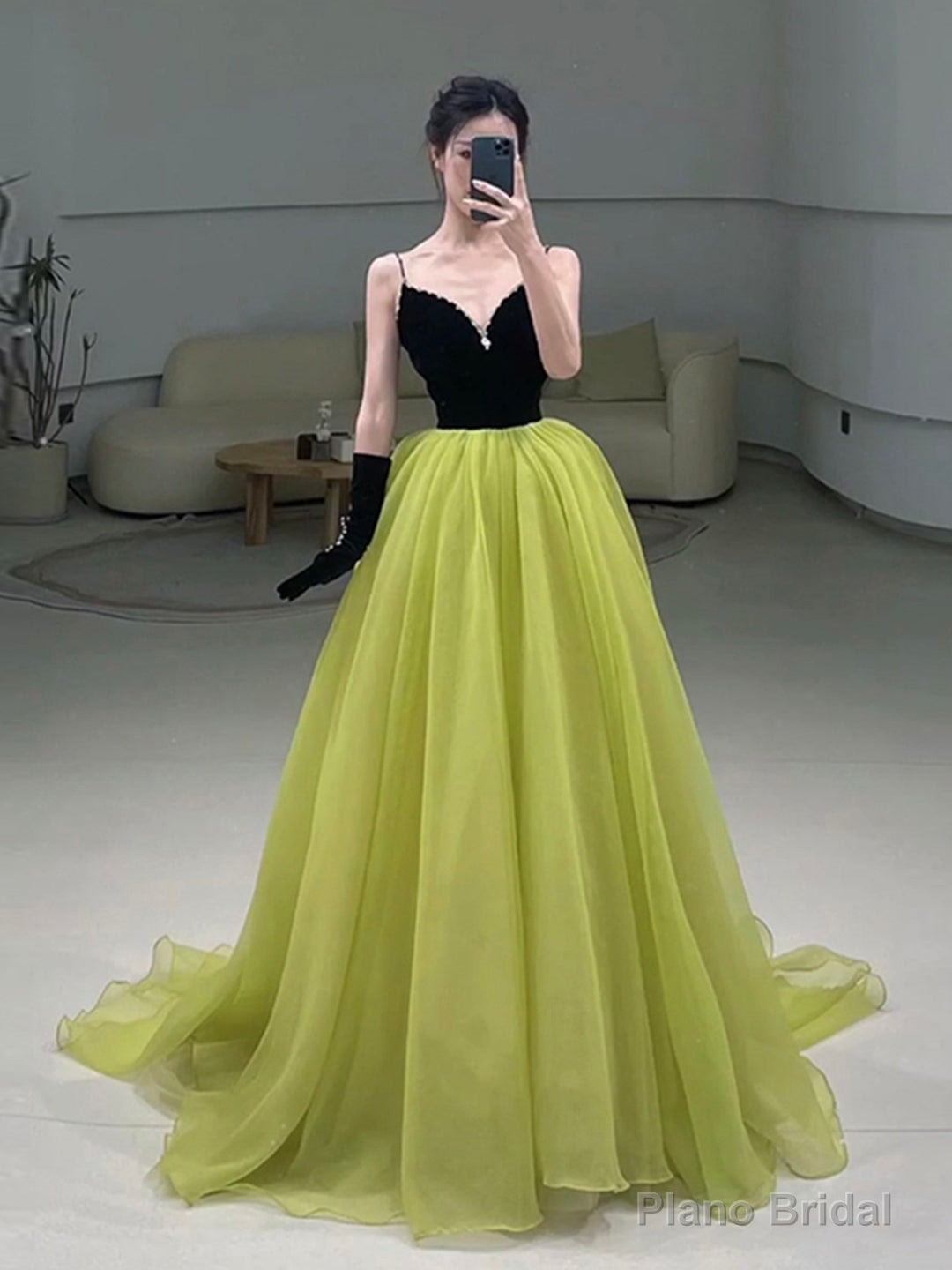 Black Velvet and Green Tulle Long Prom Dress, Green V-Neck Evening Dress Secondary image