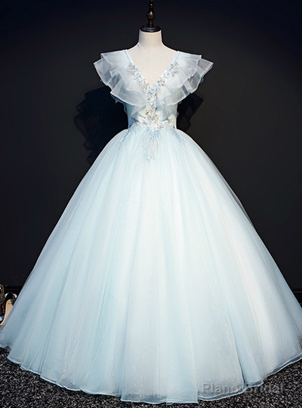You Are Sure To Find The Perfect Sky Blue Ball Gown Tulle V-neck Appliques Quinceanera Dress Main image